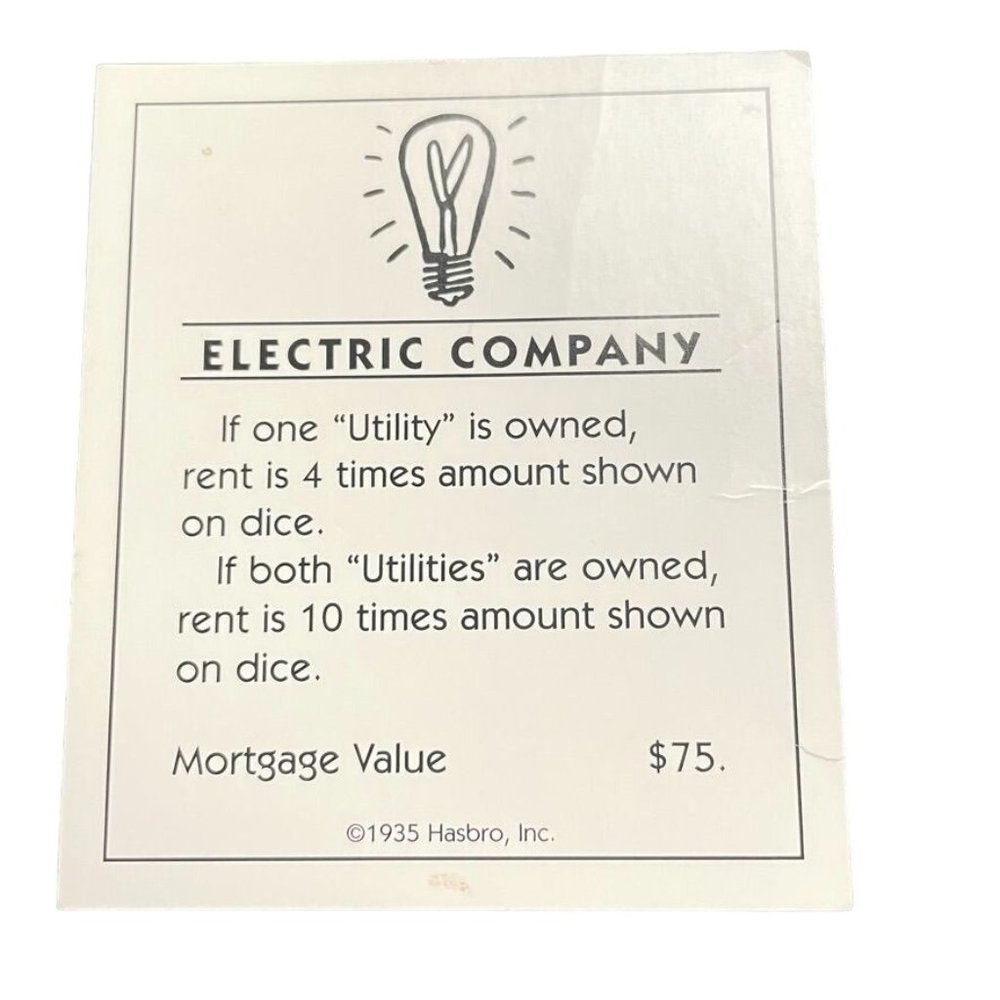 Monopoly Classic Electric Company Utility Property Title Deed Card Replacement u
